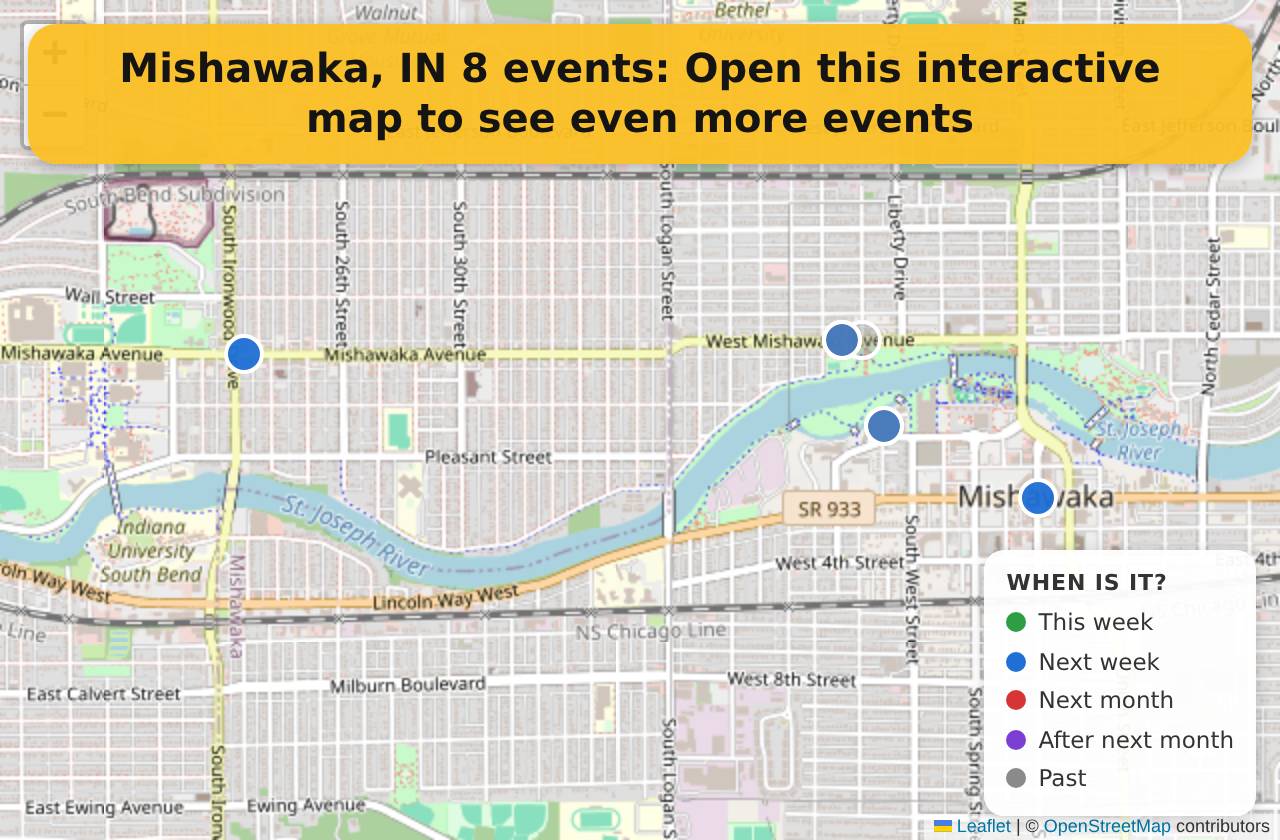 Map of events in Mishawaka, IN on the interactive EVENTULIST map