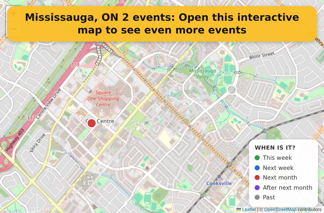 Map of events in Mississauga, ON on the interactive EVENTULIST map