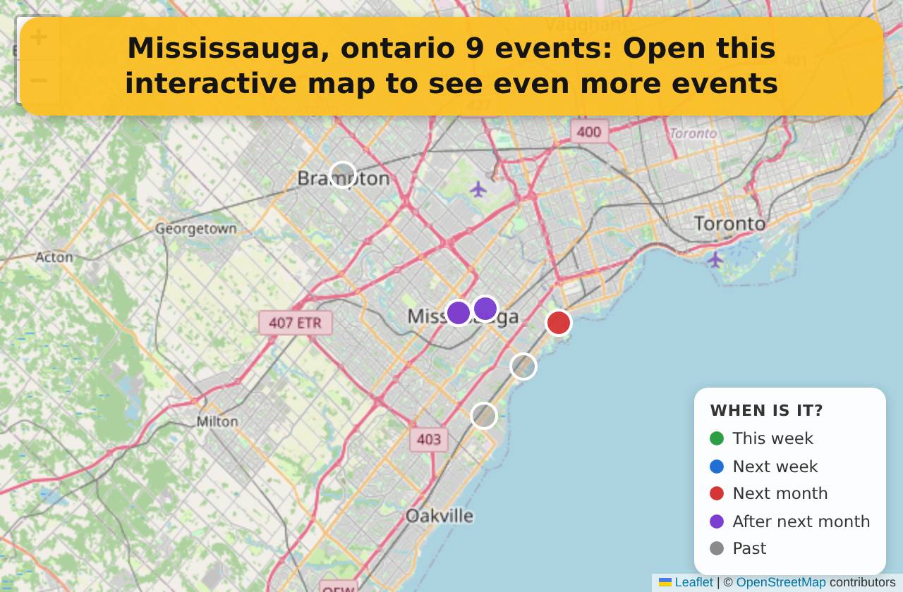 Map of events in Mississauga, ontario on the interactive EVENTULIST map