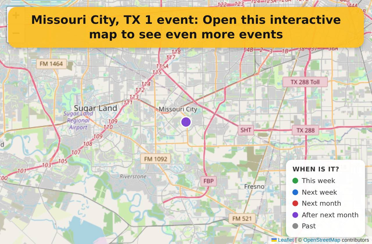 Map of events in Missouri City, TX on the interactive EVENTULIST map