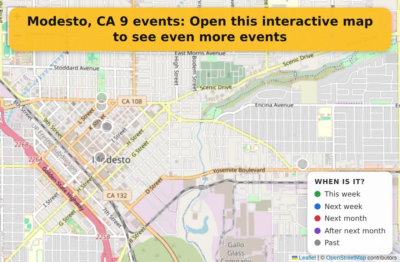 Map of events in Modesto, CA on the interactive EVENTULIST map