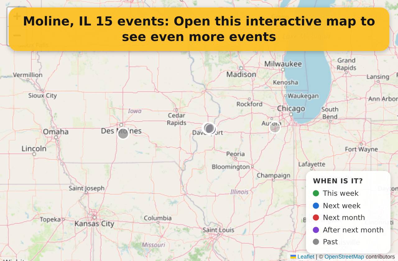 Map of events in Moline, IL on the interactive EVENTULIST map