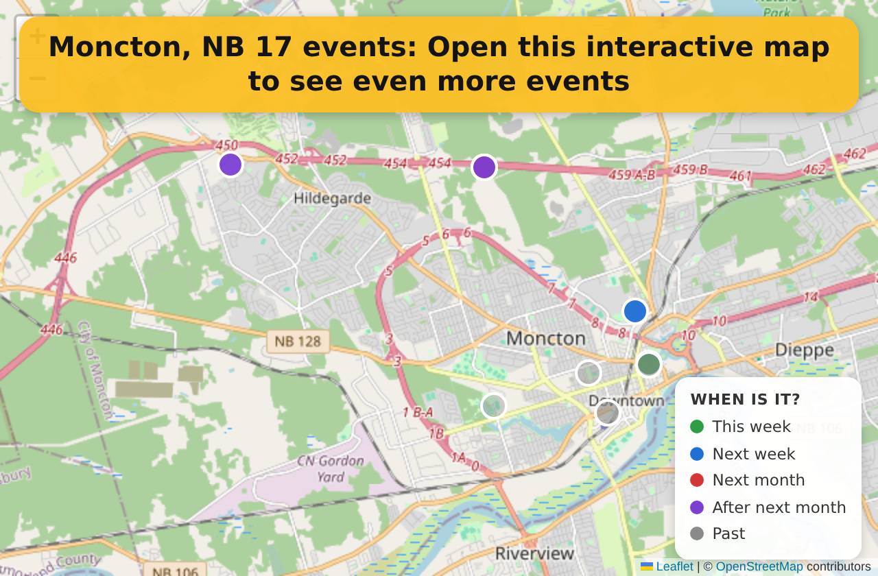 Map of events in Moncton, NB on the interactive EVENTULIST map