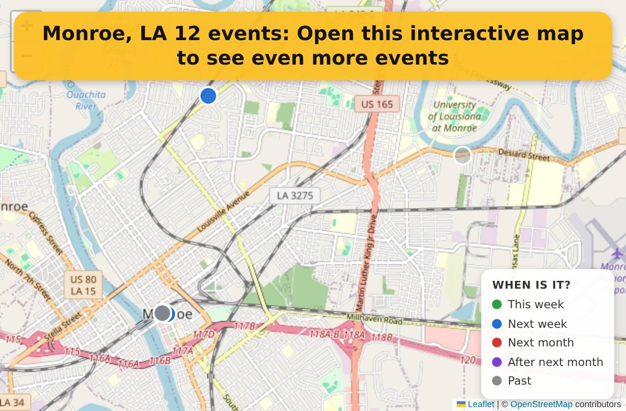 Map of events in Monroe, LA on the interactive EVENTULIST map