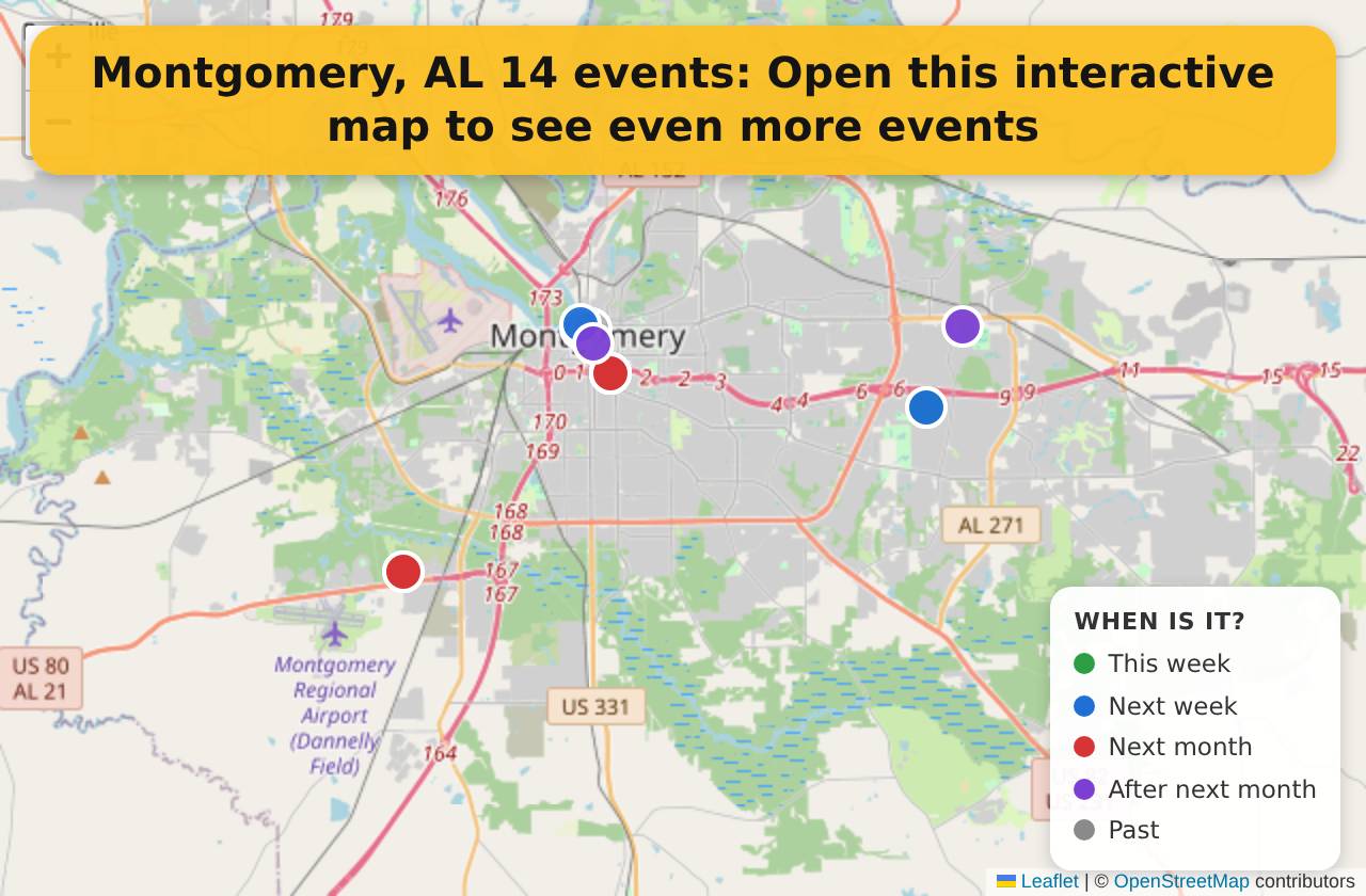 Map of events in Montgomery, AL on the interactive EVENTULIST map