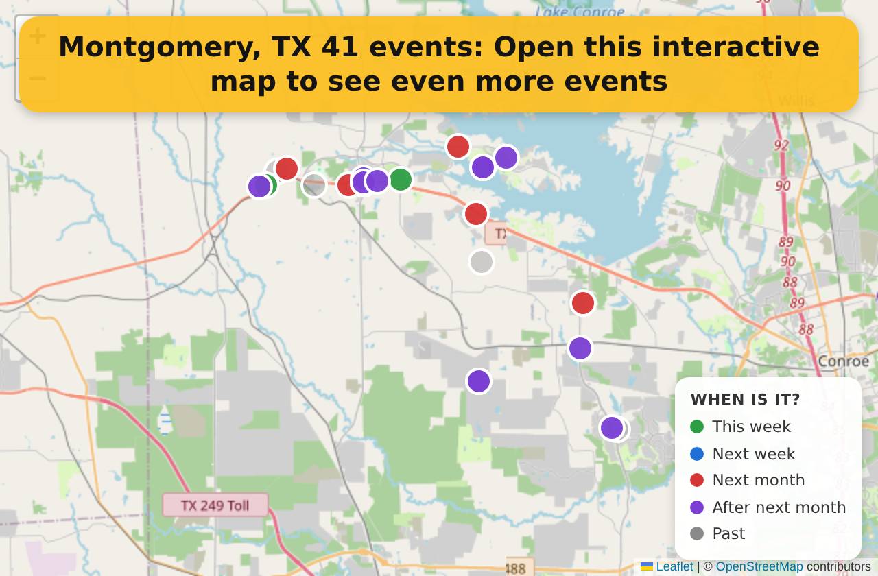 Map of events in Montgomery, TX on the interactive EVENTULIST map
