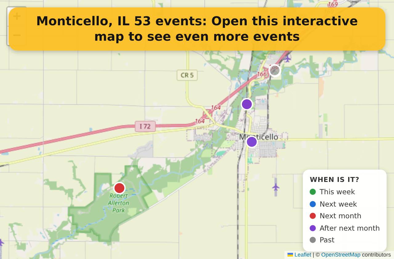 Map of events in Monticello, IL on the interactive EVENTULIST map
