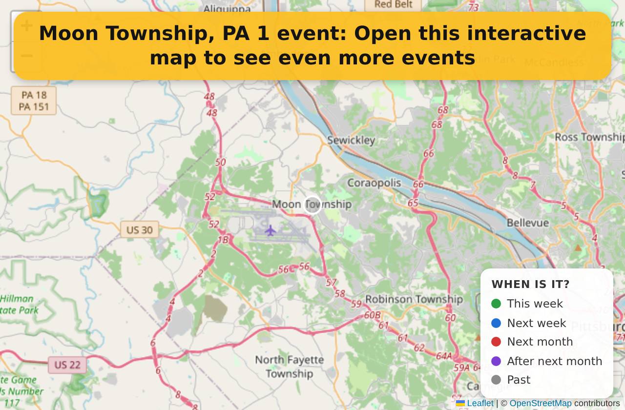 Map of events in Moon Township, PA on the interactive EVENTULIST map