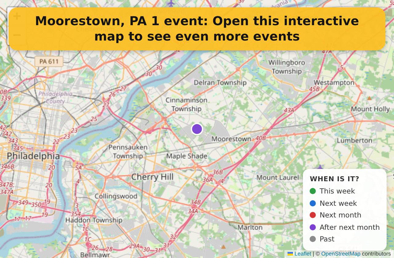 Map of events in Moorestown, PA on the interactive EVENTULIST map
