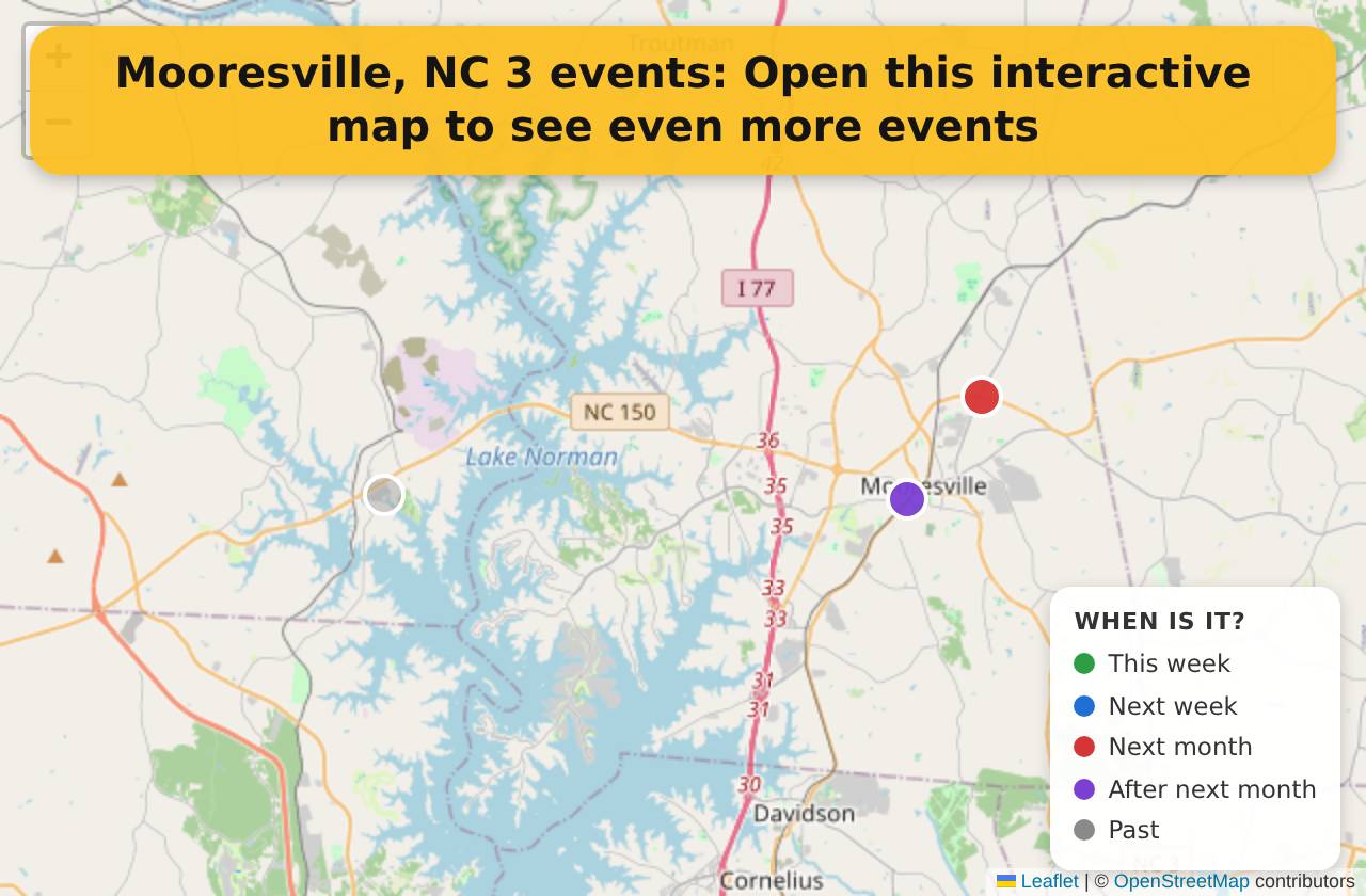 Map of events in Mooresville, NC on the interactive EVENTULIST map