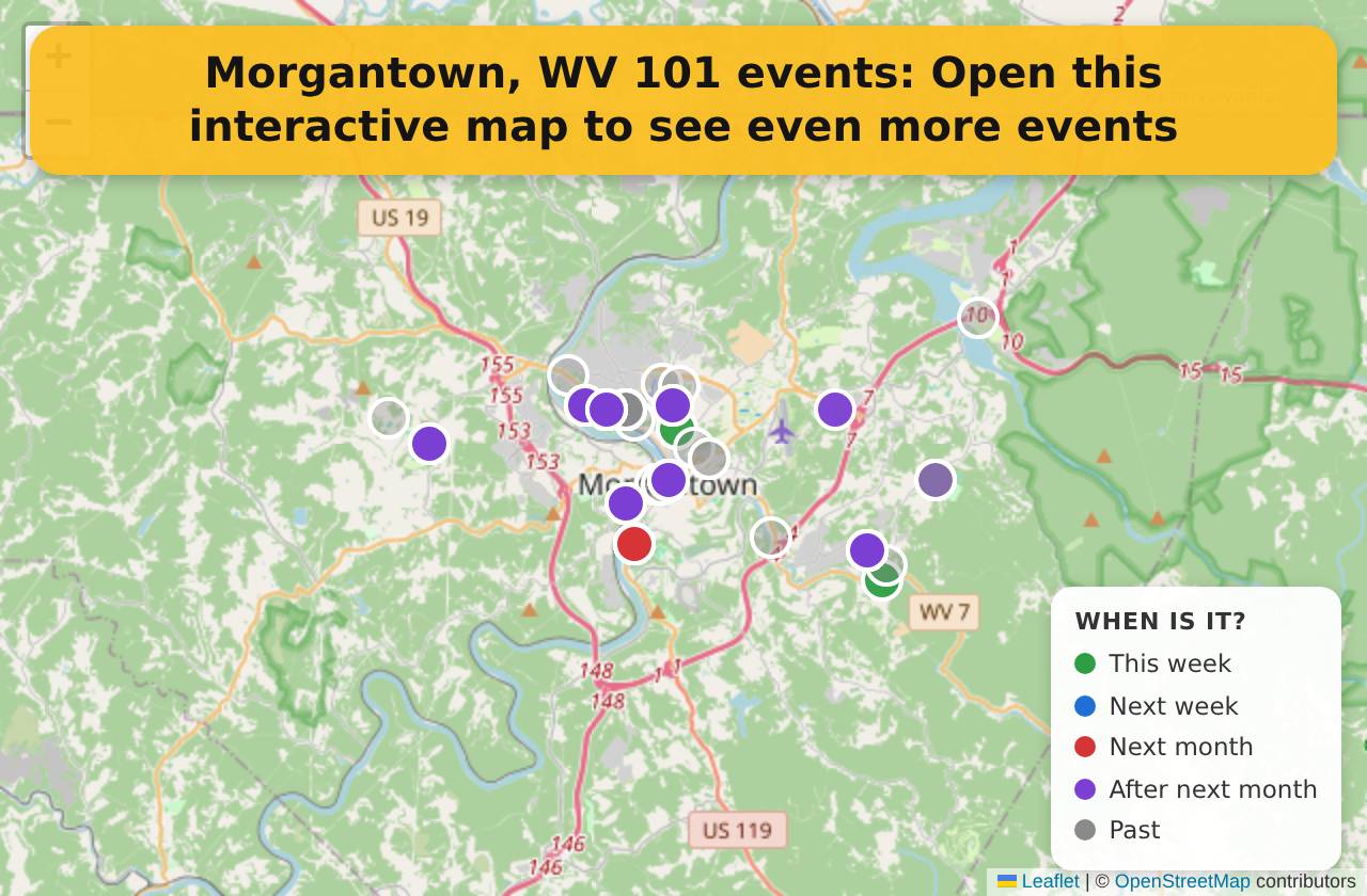 Map of events in Morgantown, WV on the interactive EVENTULIST map