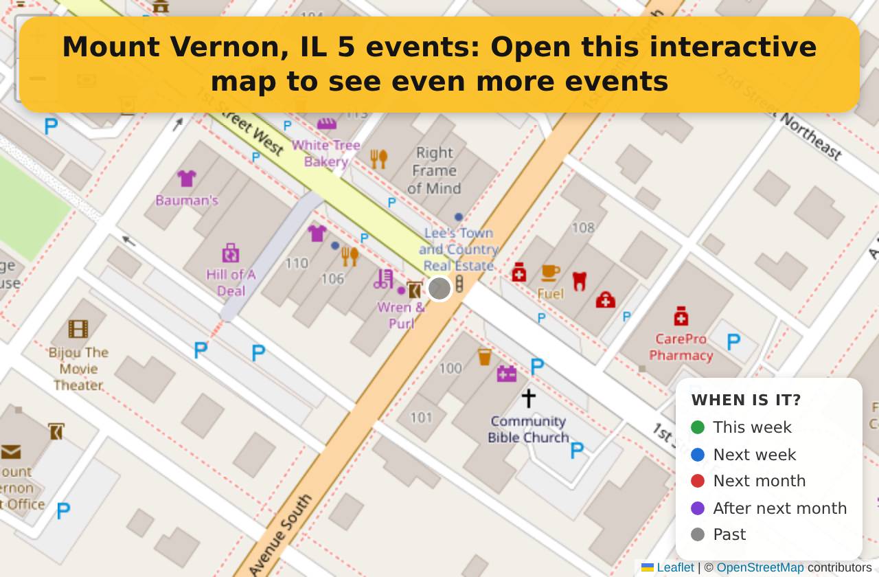Map of events in Mount Vernon, IL on the interactive EVENTULIST map