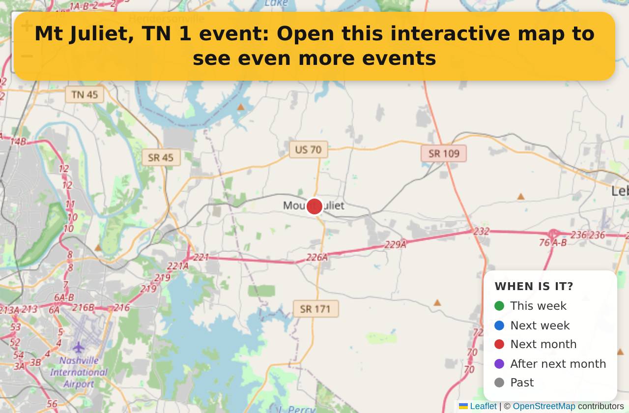 Map of events in Mt Juliet, TN on the interactive EVENTULIST map