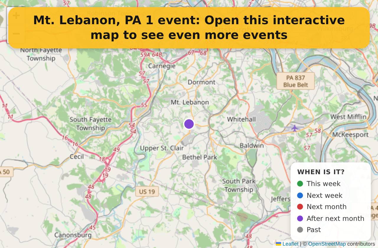 Map of events in Mt. Lebanon, PA on the interactive EVENTULIST map