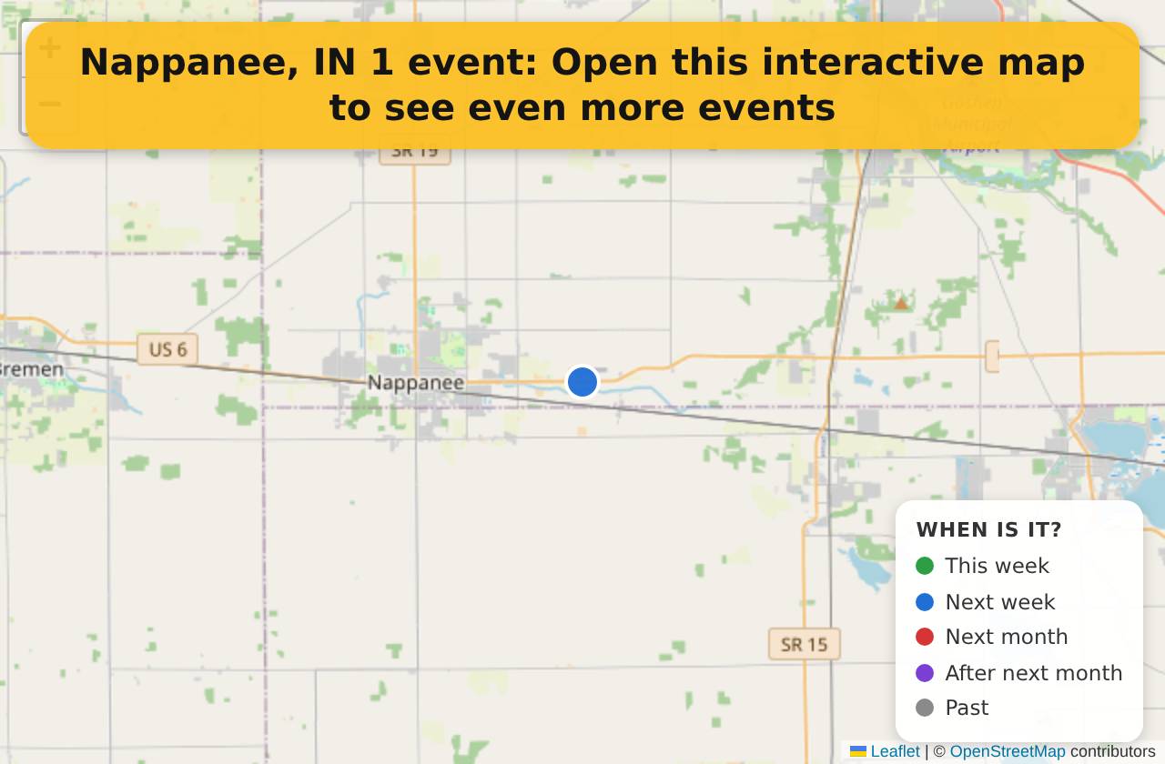 Map of events in Nappanee, IN on the interactive EVENTULIST map