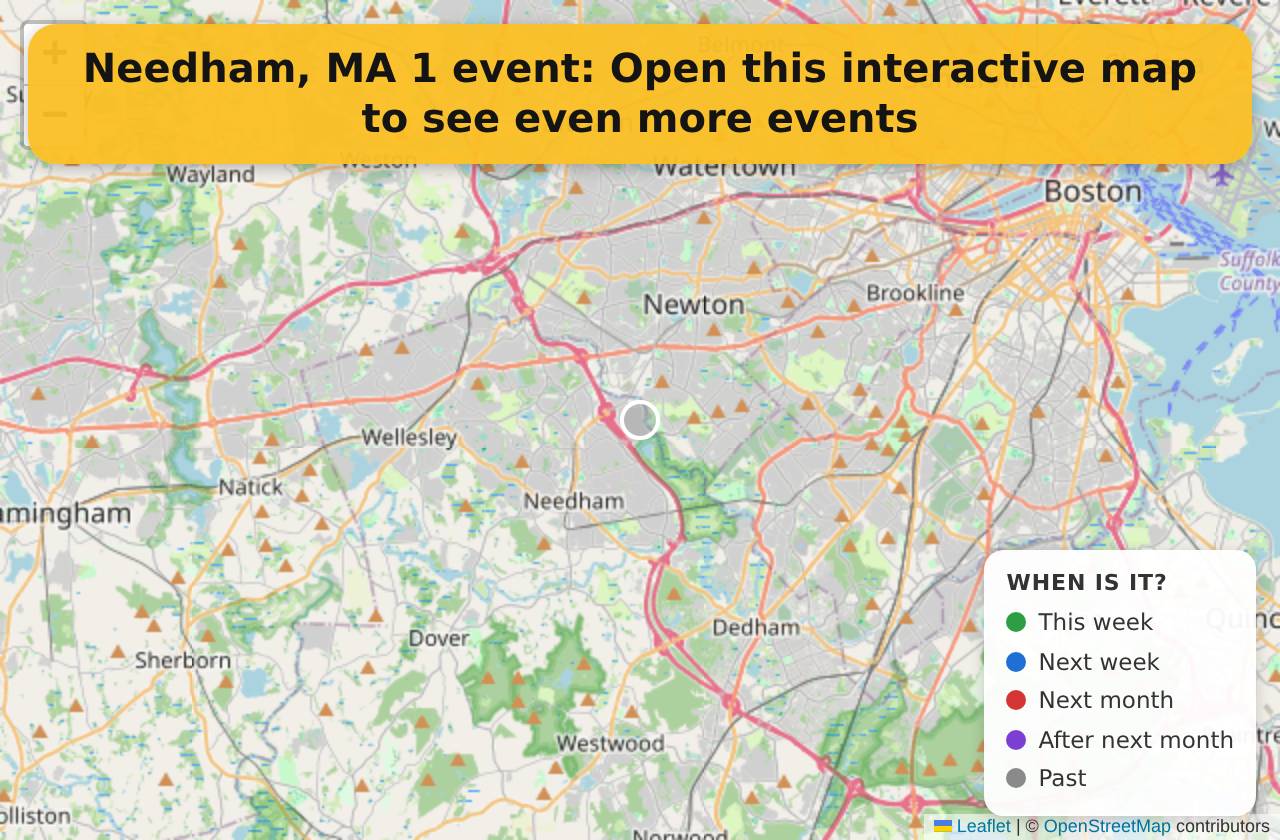 Map of events in Needham, MA on the interactive EVENTULIST map