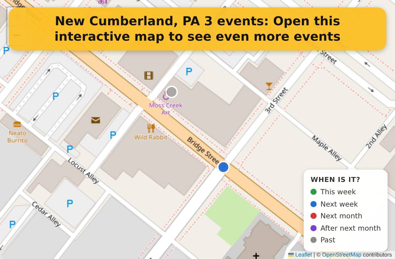 Map of events in New Cumberland, PA on the interactive EVENTULIST map