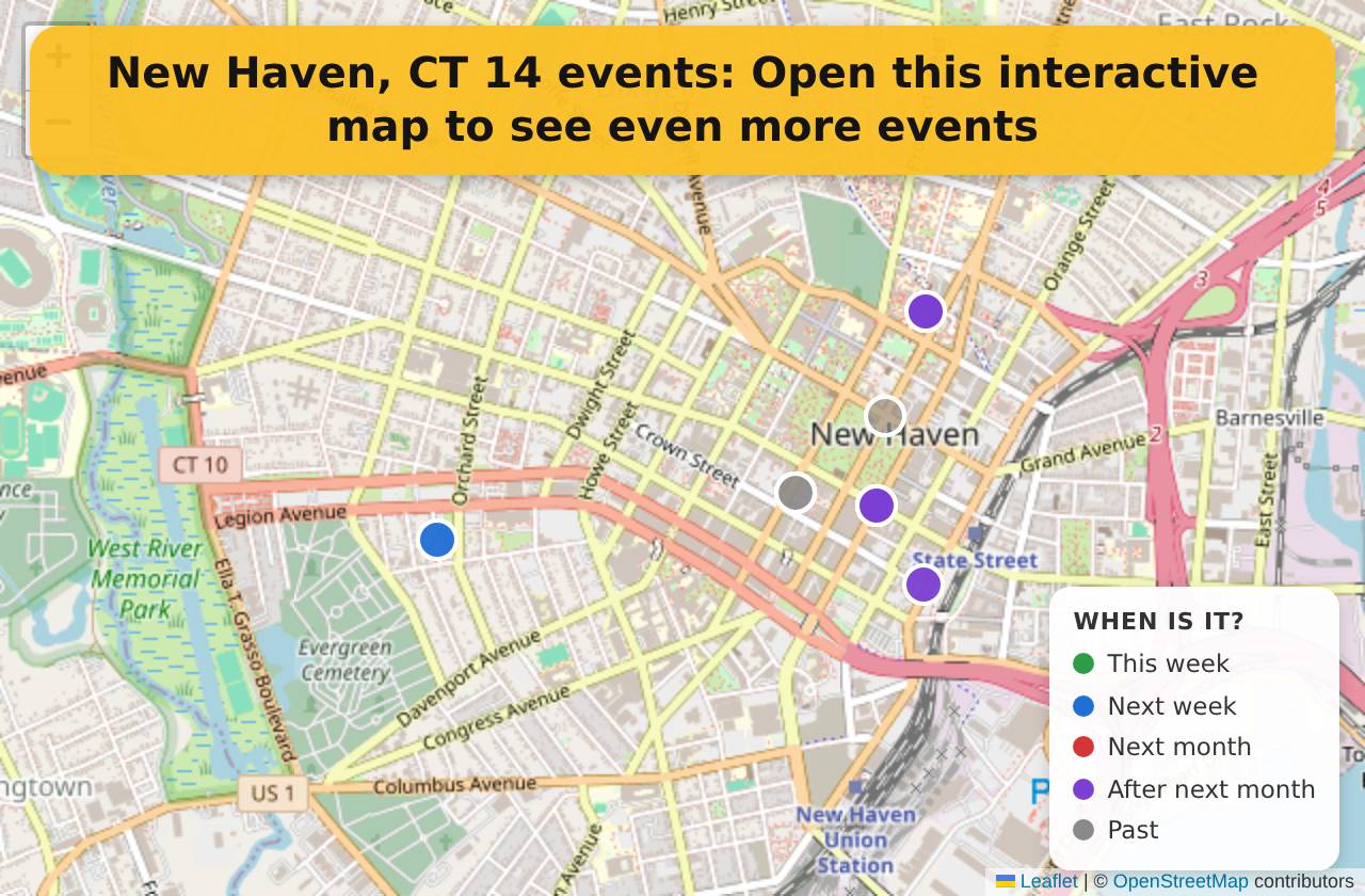 Map of events in New Haven, CT on the interactive EVENTULIST map