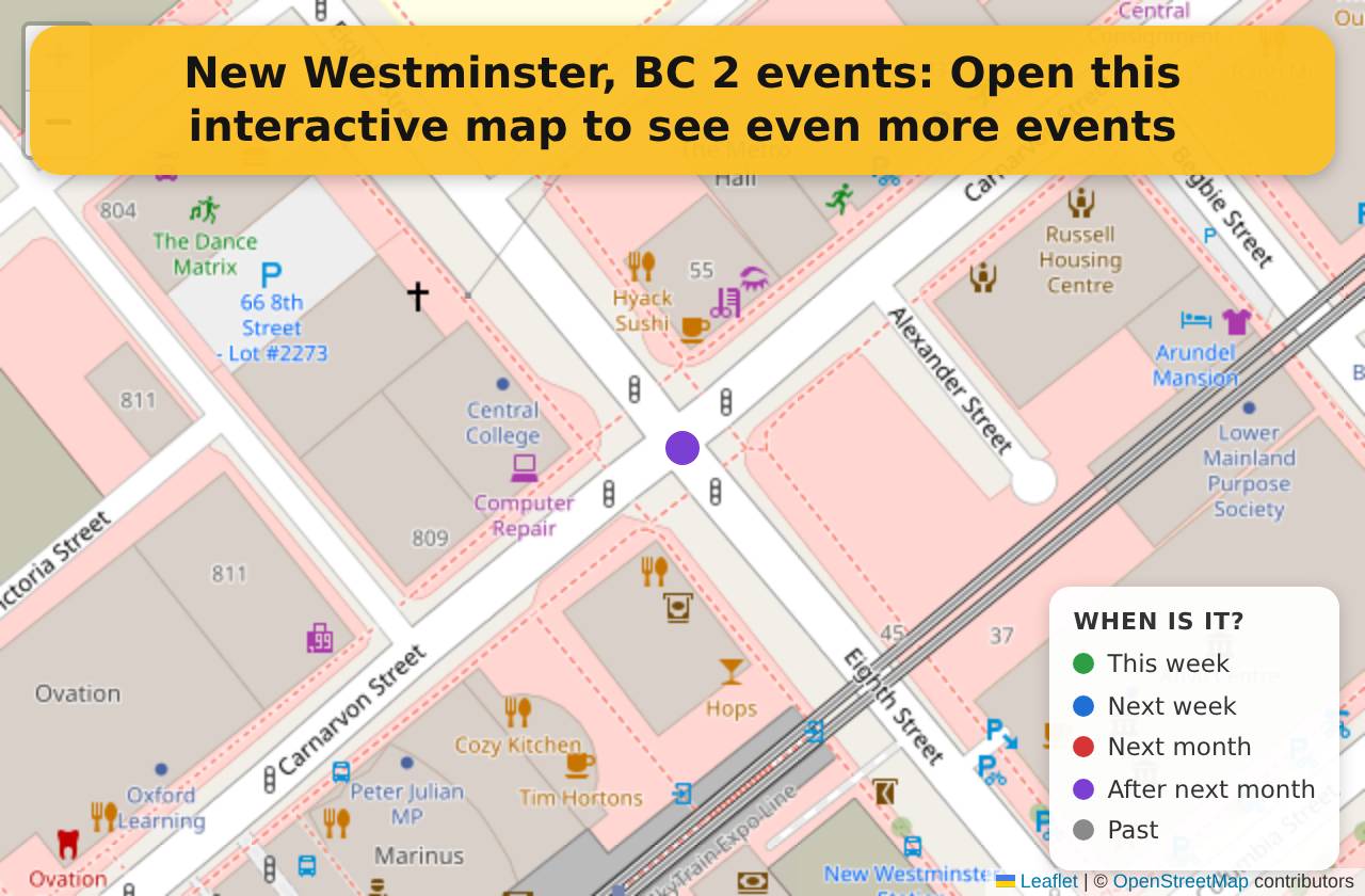 Map of events in New Westminster, BC on the interactive EVENTULIST map