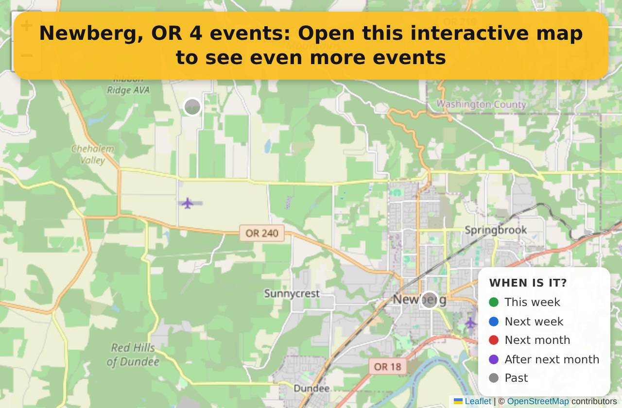 Map of events in Newberg, OR on the interactive EVENTULIST map