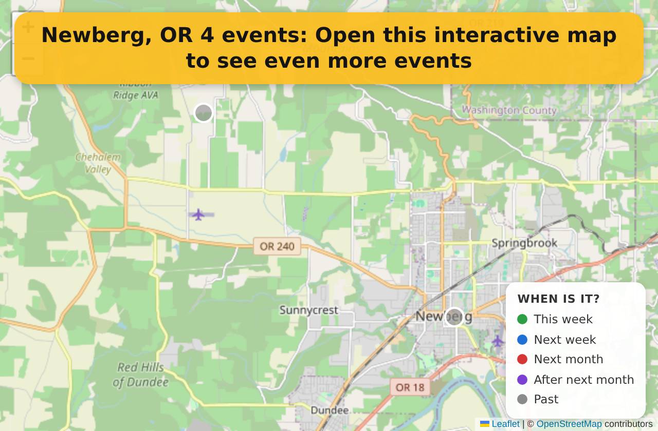 Map of events in Newberg, OR on the interactive EVENTULIST map