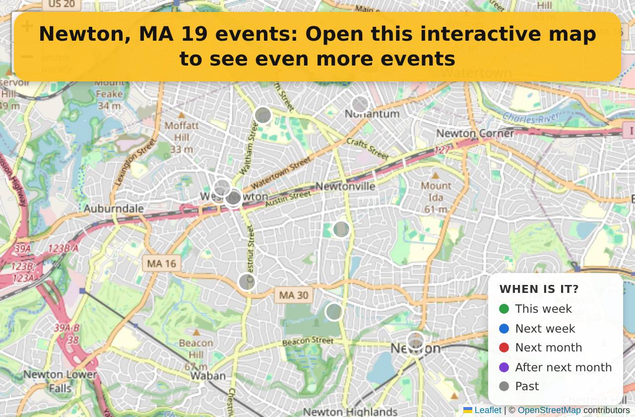 Map of events in Newton, MA on the interactive EVENTULIST map