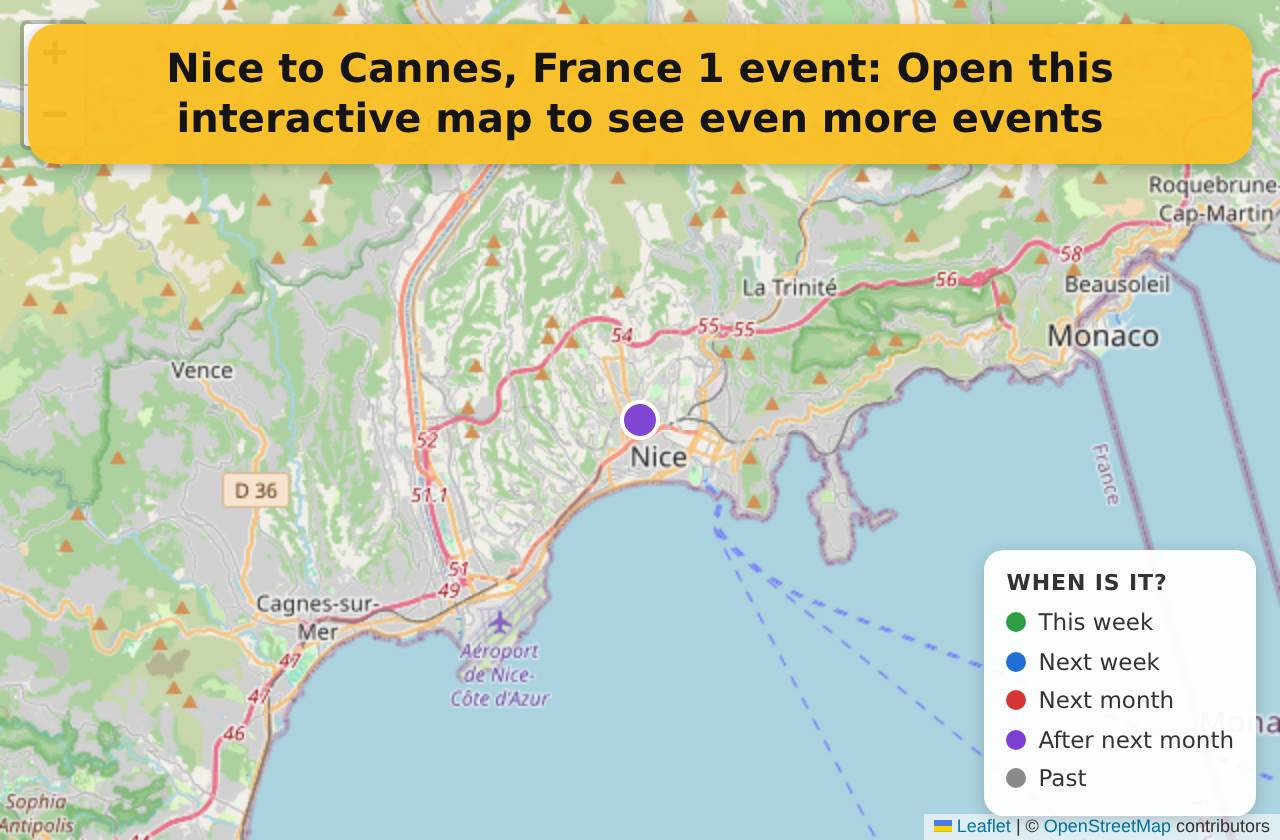 Map of events in Nice to Cannes, France on the interactive EVENTULIST map