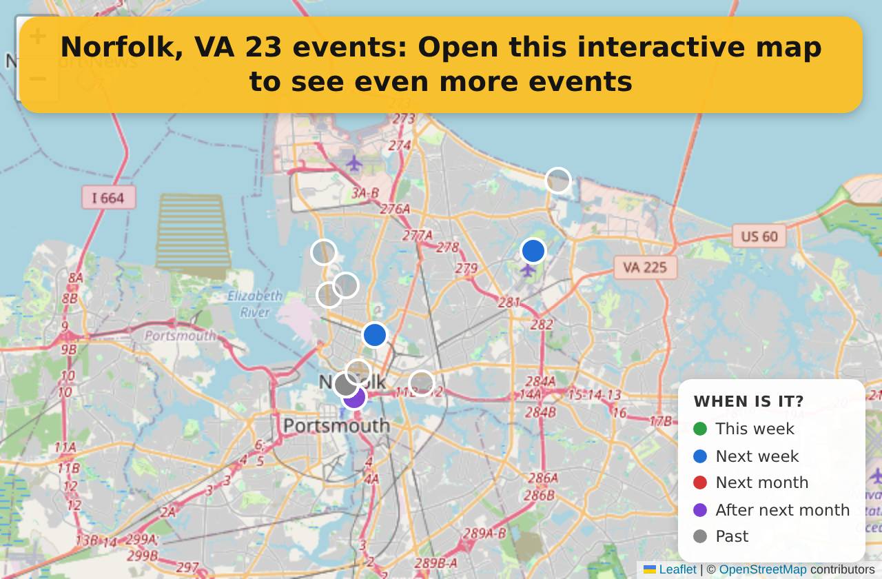 Map of events in Norfolk, VA on the interactive EVENTULIST map