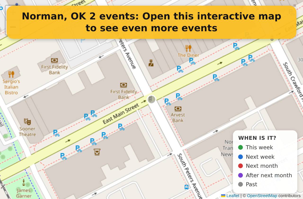 Map of events in Norman, OK on the interactive EVENTULIST map