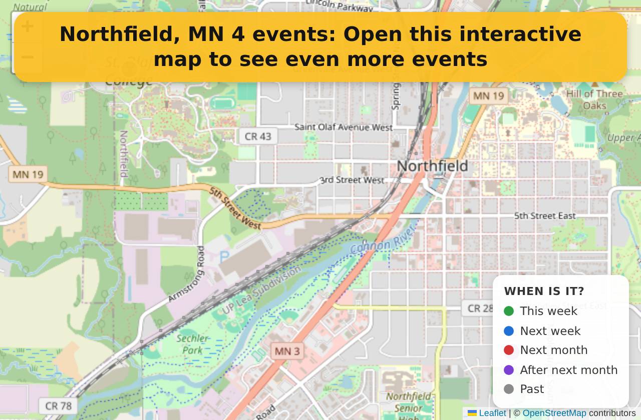 Map of events in Northfield, MN on the interactive EVENTULIST map