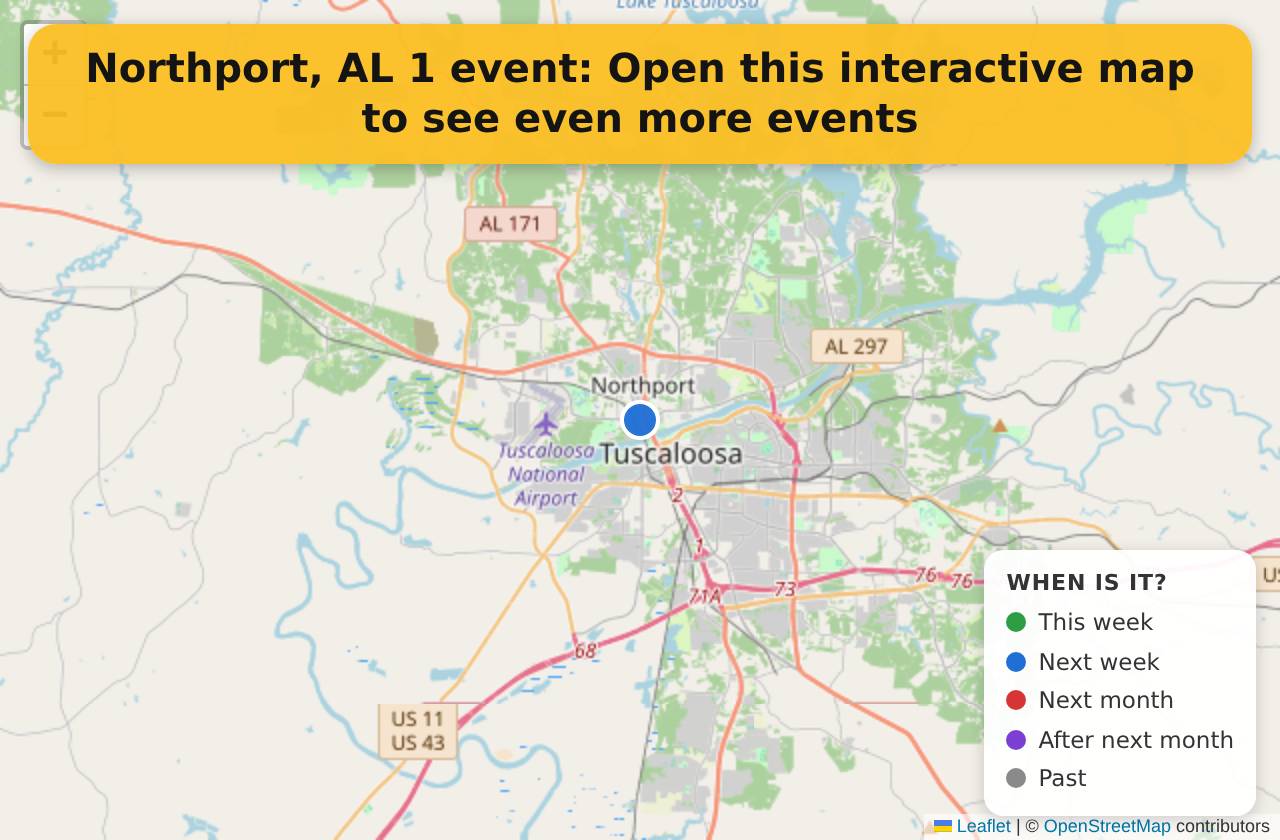 Map of events in Northport, AL on the interactive EVENTULIST map