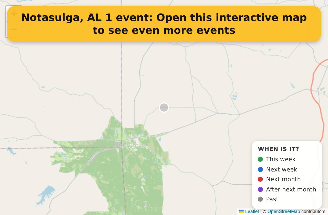 Map of events in Notasulga, AL on the interactive EVENTULIST map