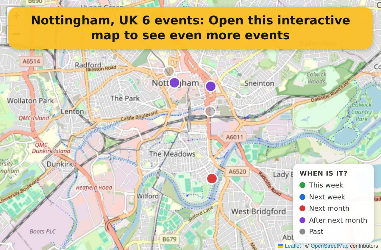 Map of events in Nottingham, UK on the interactive EVENTULIST map