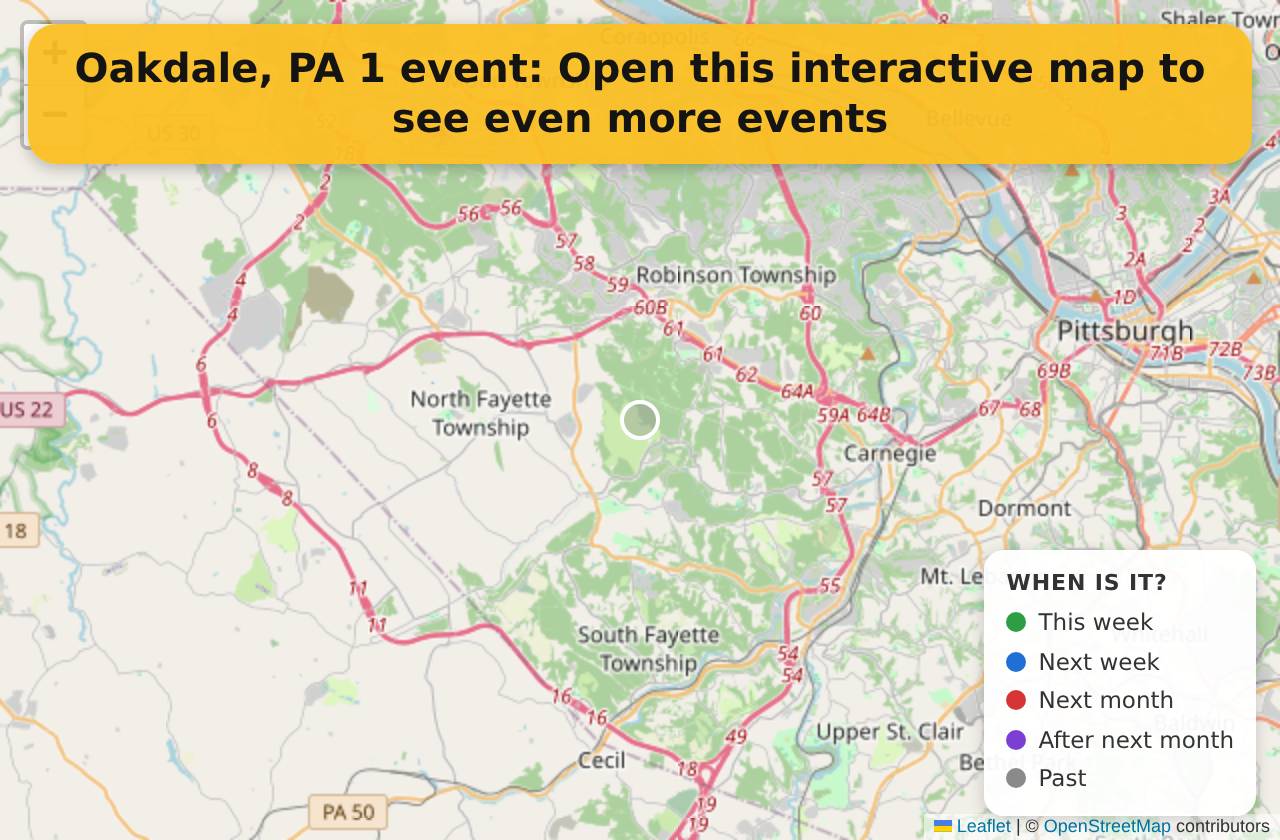 Map of events in Oakdale, PA on the interactive EVENTULIST map