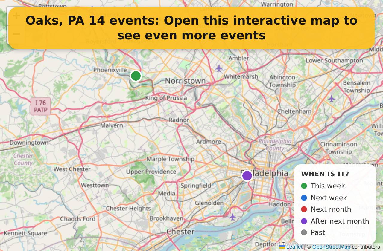 Map of events in Oaks, PA on the interactive EVENTULIST map