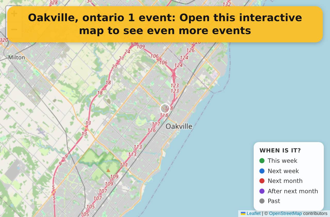 Map of events in Oakville, ontario on the interactive EVENTULIST map
