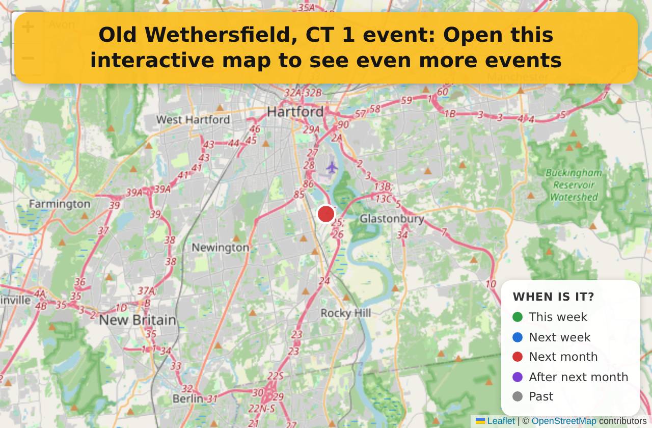Map of events in Old Wethersfield, CT on the interactive EVENTULIST map