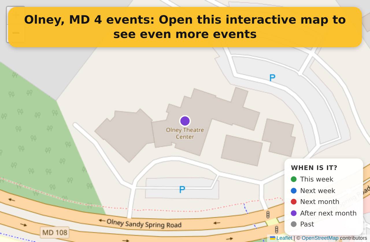Map of events in Olney, MD on the interactive EVENTULIST map