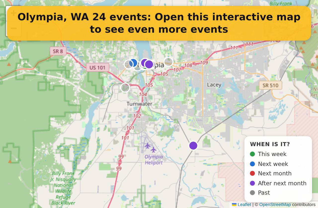 Map of events in Olympia, WA on the interactive EVENTULIST map