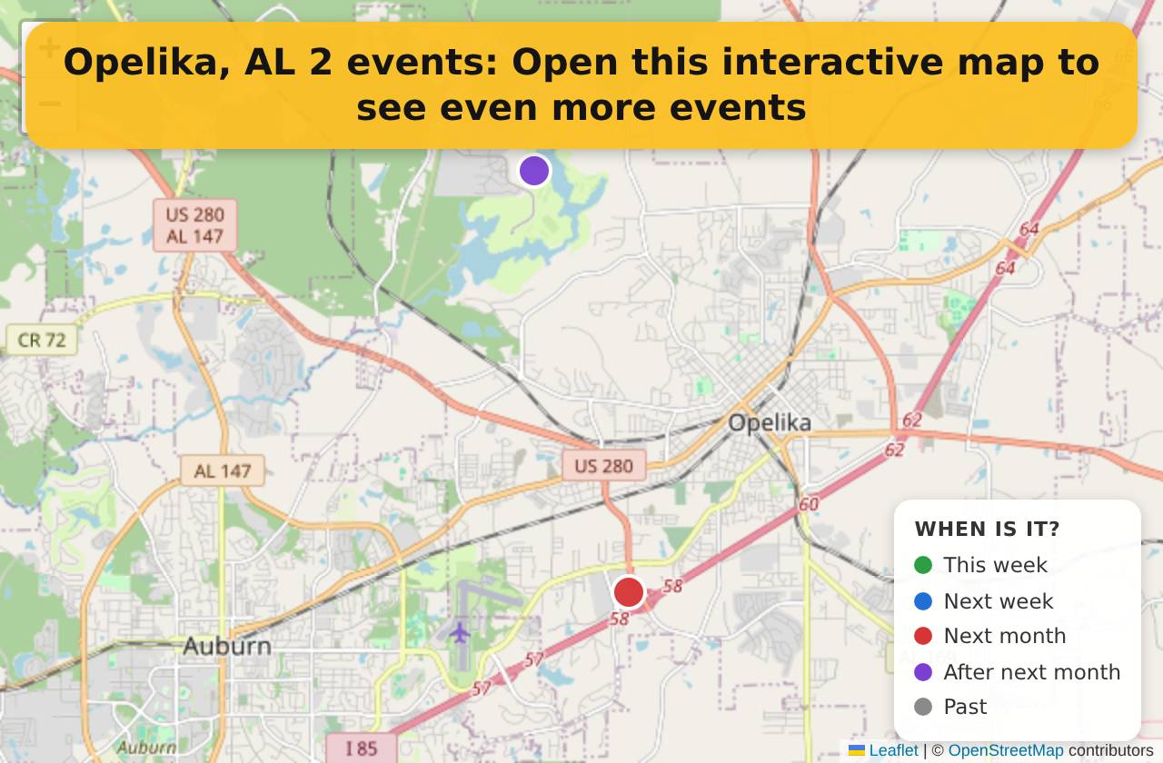 Map of events in Opelika, AL on the interactive EVENTULIST map