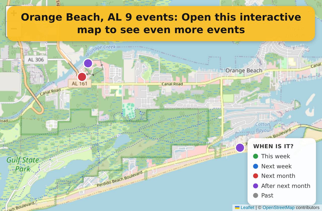 Map of events in Orange Beach, AL on the interactive EVENTULIST map