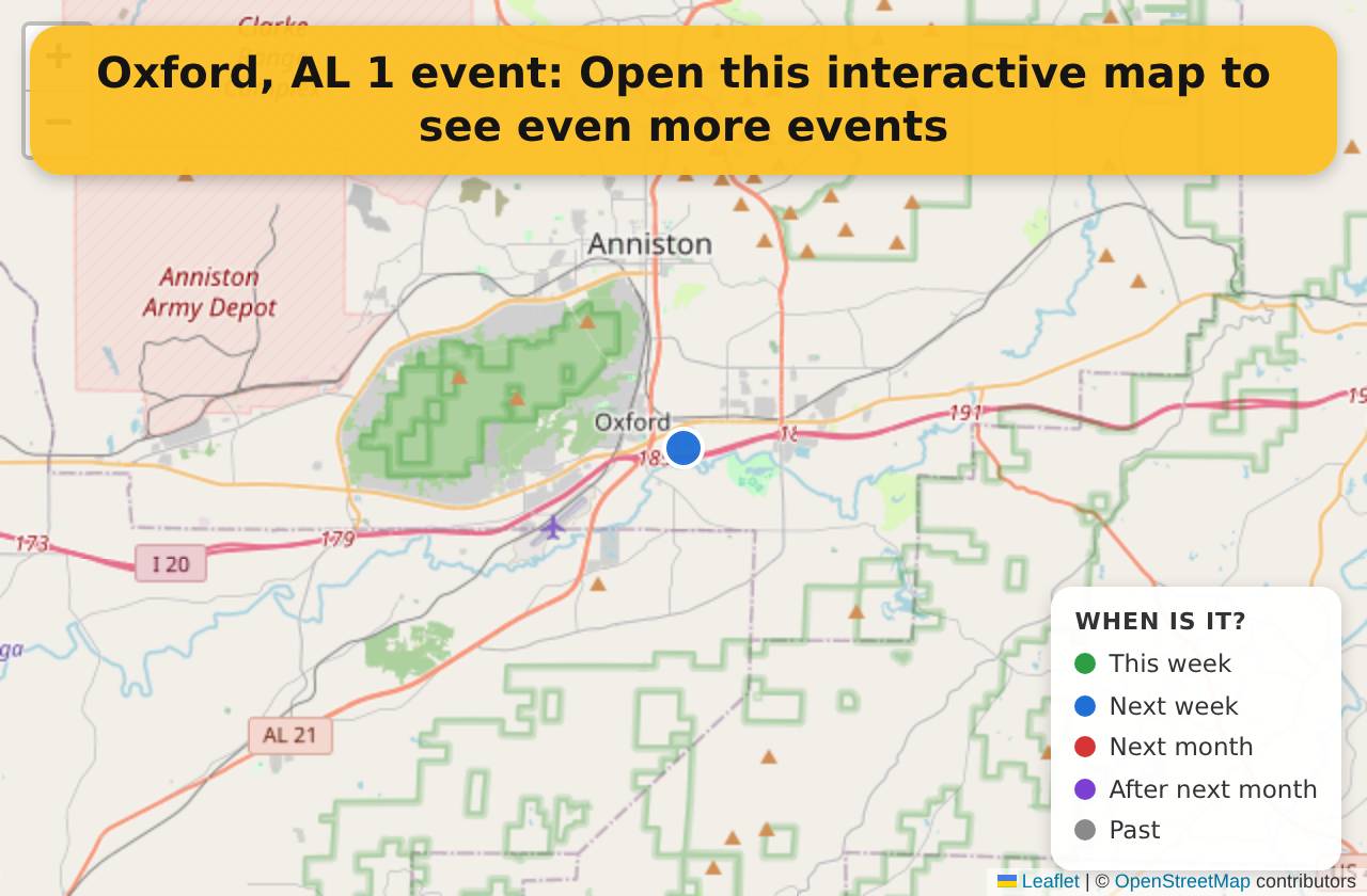 Map of events in Oxford, AL on the interactive EVENTULIST map