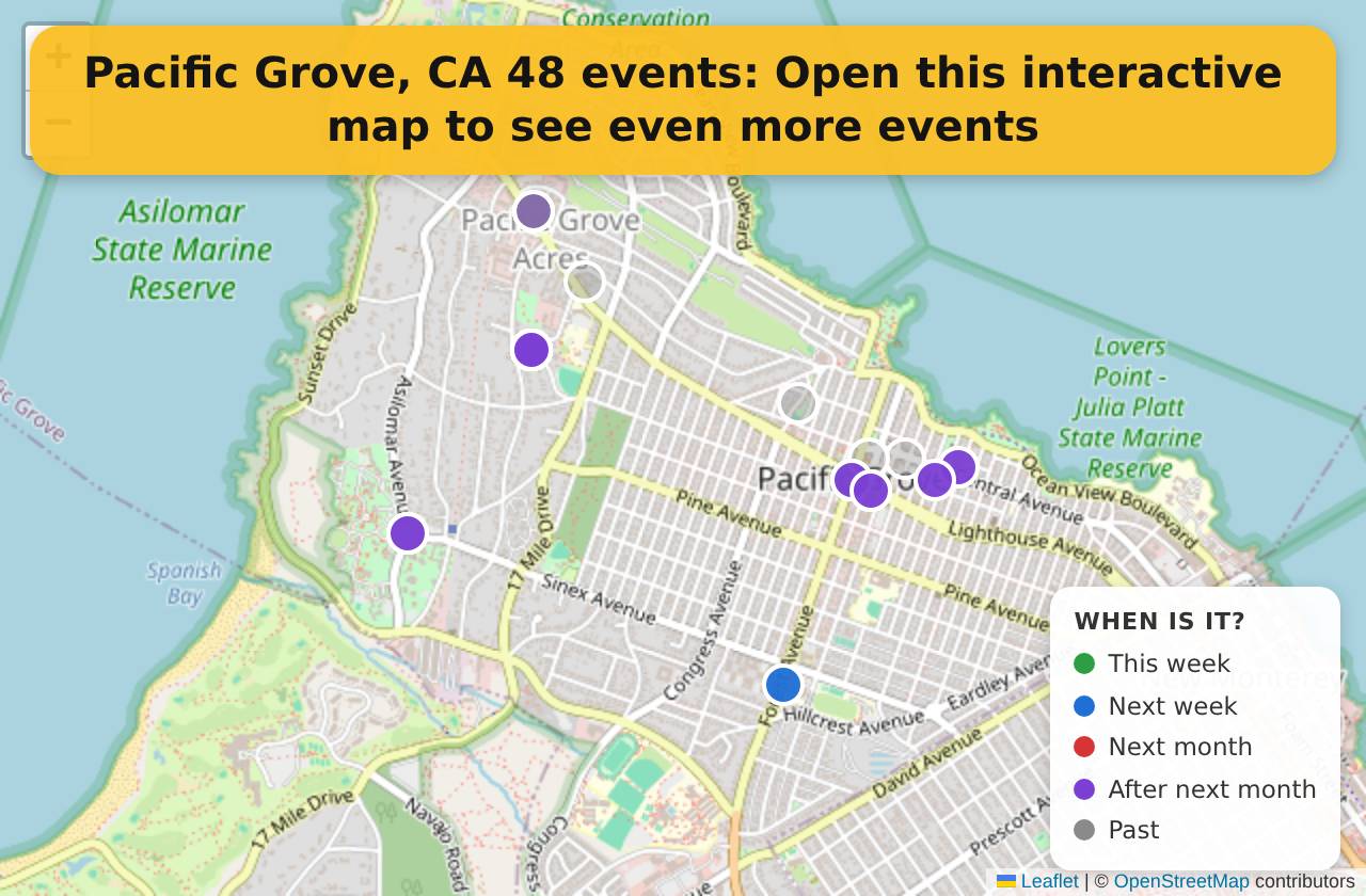 Map of events in Pacific Grove, CA on the interactive EVENTULIST map