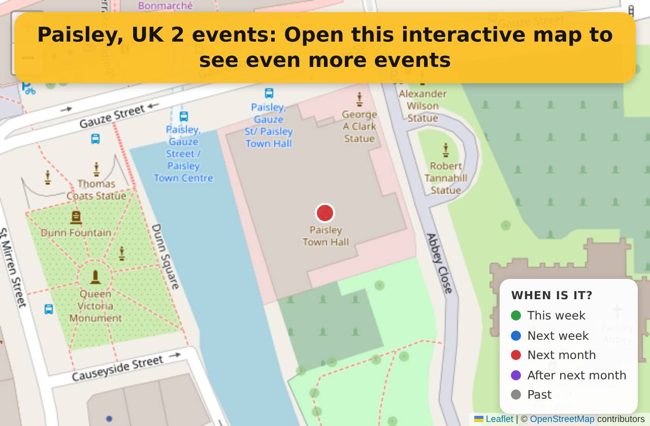 Map of events in Paisley, UK on the interactive EVENTULIST map