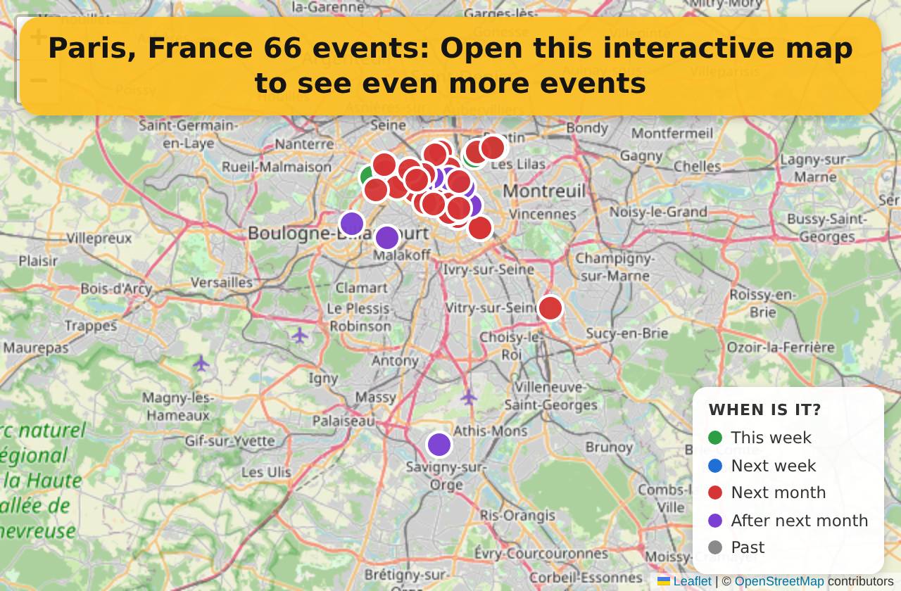 Map of events in Paris, France on the interactive EVENTULIST map