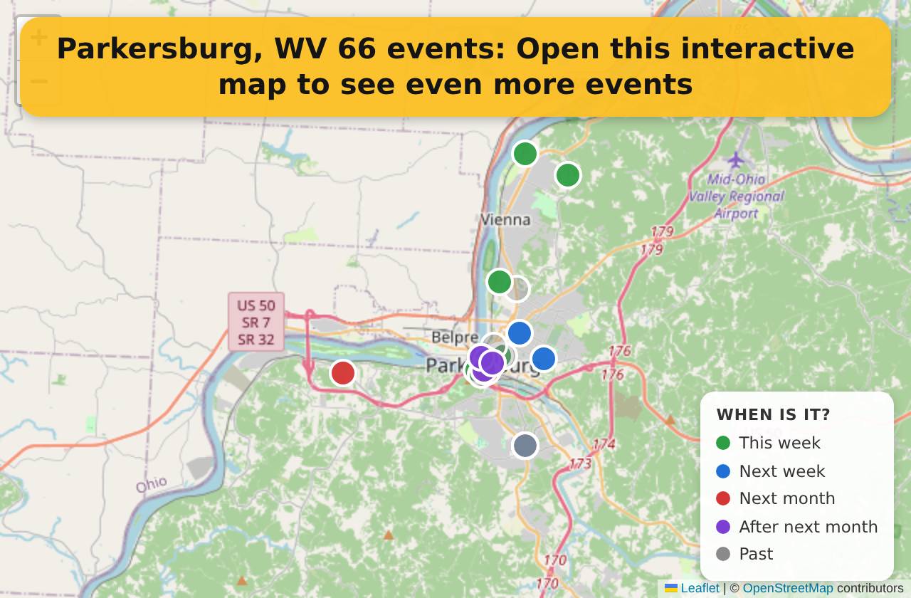 Map of events in Parkersburg, WV on the interactive EVENTULIST map