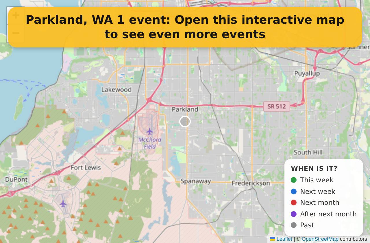 Map of events in Parkland, WA on the interactive EVENTULIST map