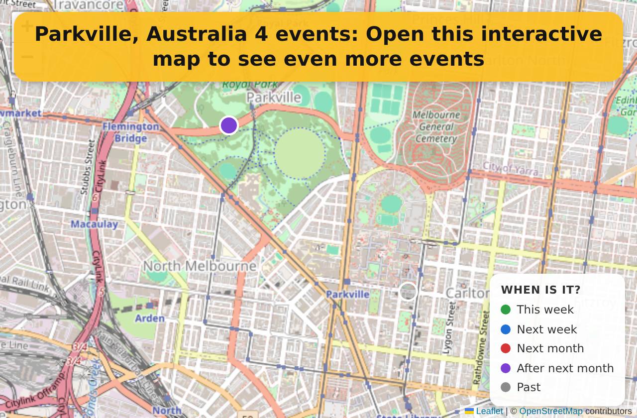 Map of events in Parkville, Australia on the interactive EVENTULIST map
