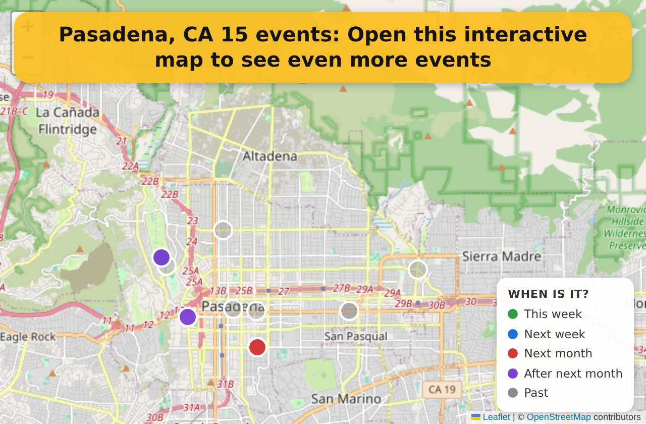 Map of events in Pasadena, CA on the interactive EVENTULIST map