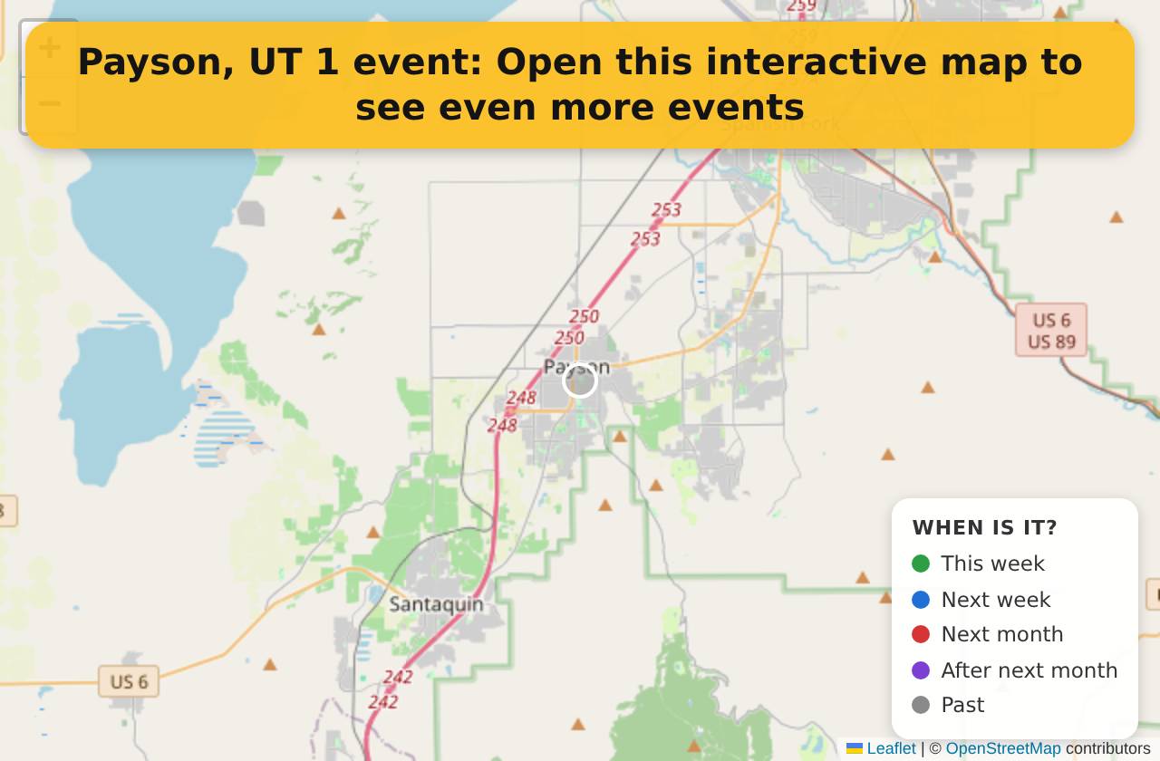 Map of events in Payson, UT on the interactive EVENTULIST map